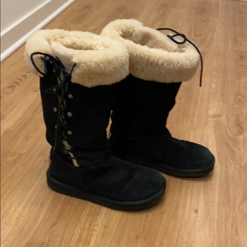 Ugg Side Lace Up Sheepskin Boots in Black